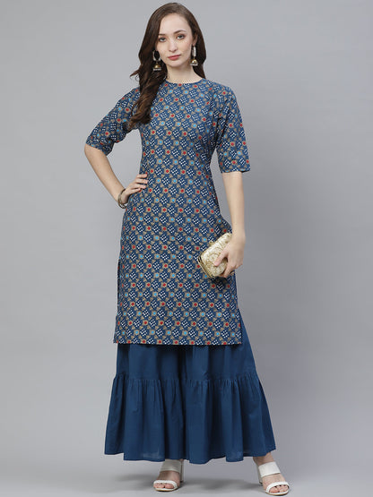 Women's Blue, Golden And White Bandhani Screen Printed Kurta With Sharara