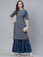 Women's Blue, Golden And White Bandhani Screen Printed Kurta With Sharara