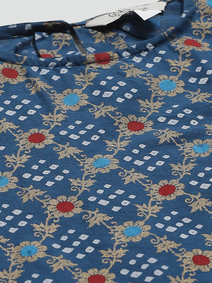 Women's Blue, Golden And White Bandhani Screen Printed Kurta With Sharara