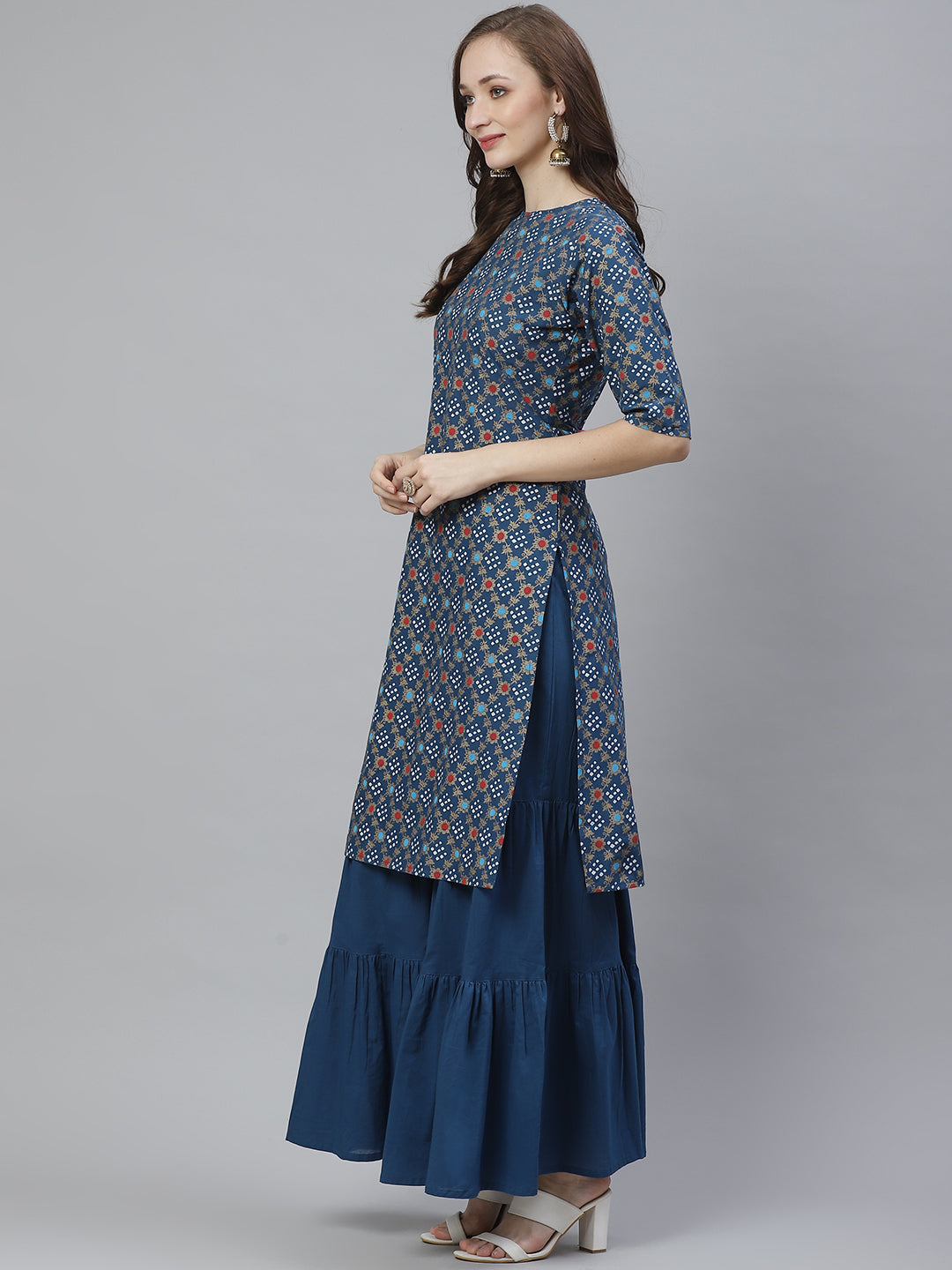 Women's Blue, Golden And White Bandhani Screen Printed Kurta With Sharara
