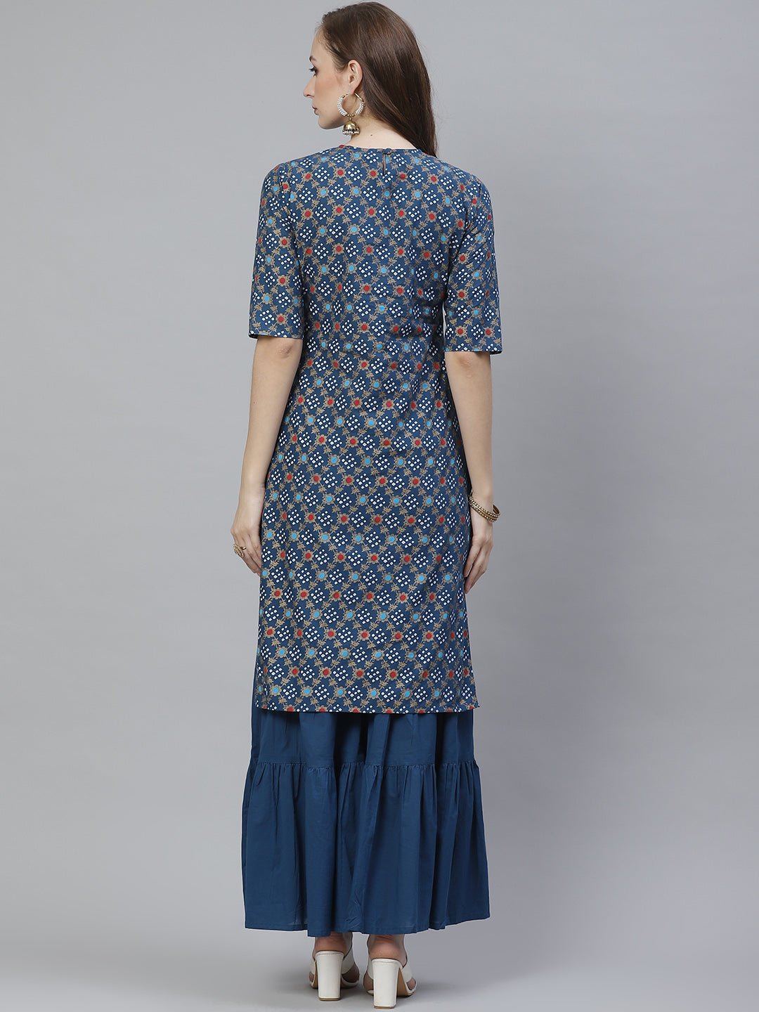 Women's Blue, Golden And White Bandhani Screen Printed Kurta With Sharara
