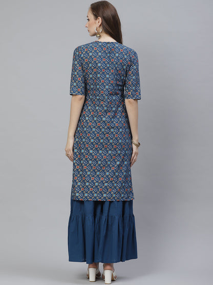 Women's Blue, Golden And White Bandhani Screen Printed Kurta With Sharara