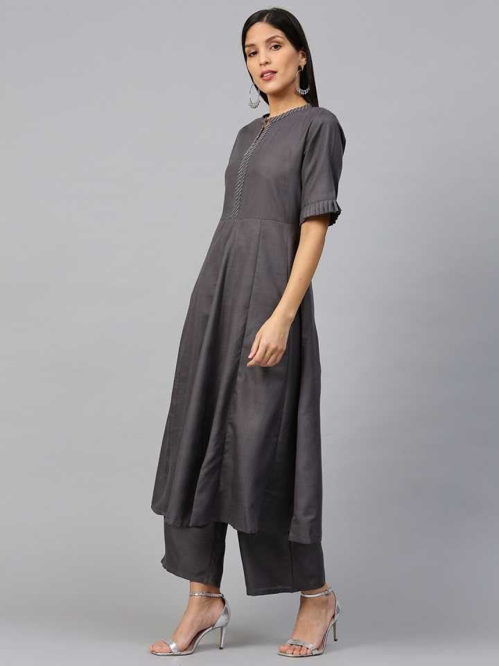 Women's Grey Solid Kurta With Palazzo & Printed Dupatta