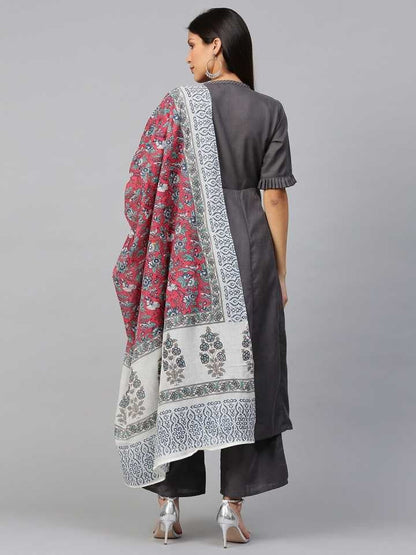 Women's Grey Solid Kurta With Palazzo & Printed Dupatta