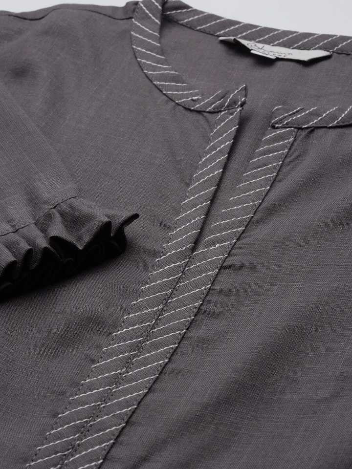 Women's Grey Solid Kurta With Palazzo & Printed Dupatta