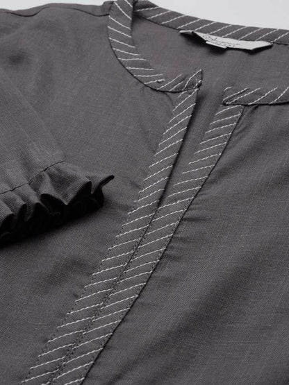 Women's Grey Solid Kurta With Palazzo & Printed Dupatta
