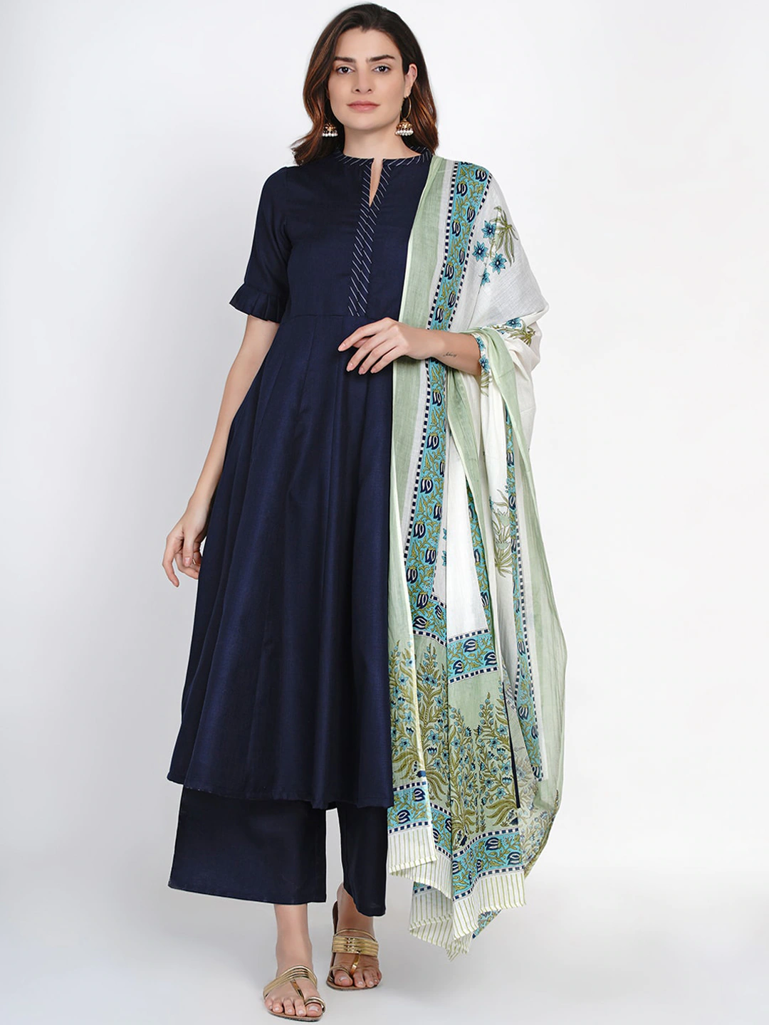 Women's Blue Solid Kurta With Palazzo & Printed Dupatta
