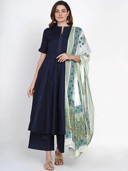 Women's Blue Solid Kurta With Palazzo & Printed Dupatta
