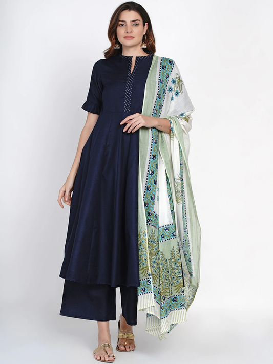 Women's Blue Solid Kurta With Palazzo & Printed Dupatta
