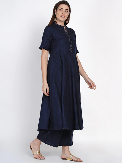 Women's Blue Solid Kurta With Palazzo & Printed Dupatta