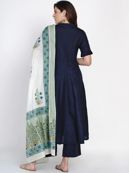 Women's Blue Solid Kurta With Palazzo & Printed Dupatta