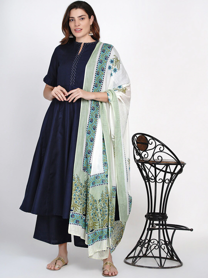Women's Blue Solid Kurta With Palazzo & Printed Dupatta