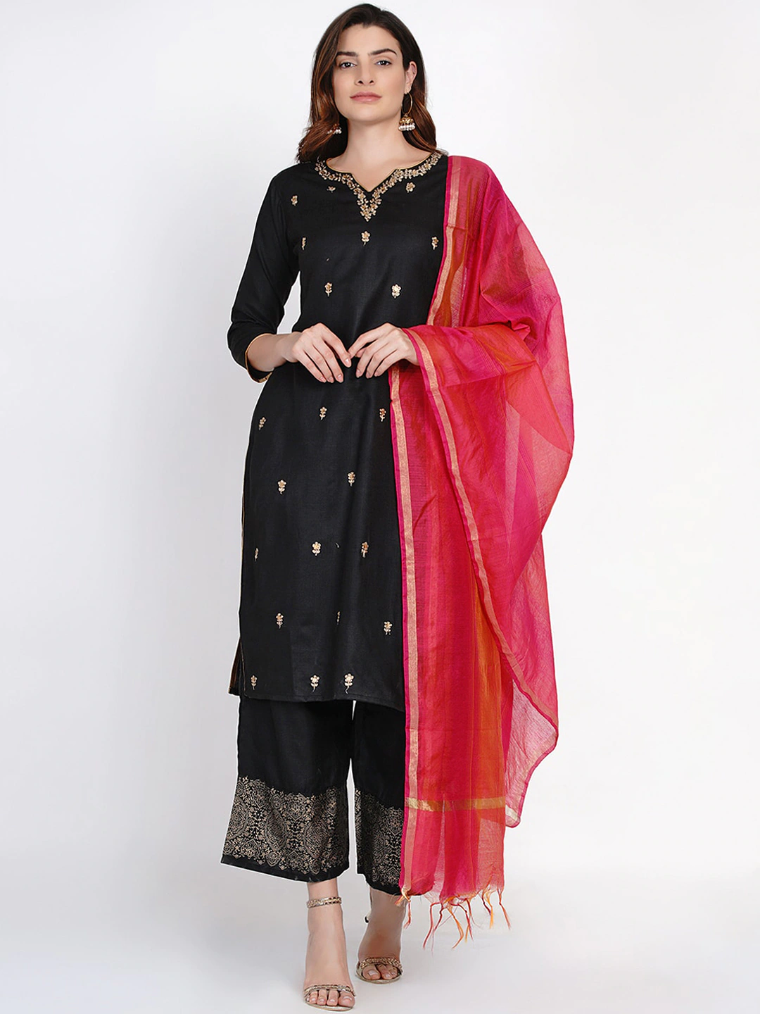 Women's Black And Golden Embroidered Kurta With Palazzos And Dupatta