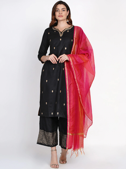 Women's Black And Golden Embroidered Kurta With Palazzos And Dupatta