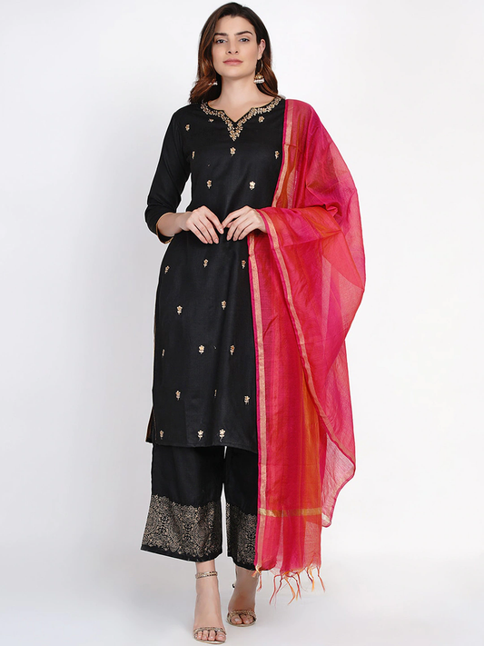 Women's Black And Golden Embroidered Kurta With Palazzos And Dupatta