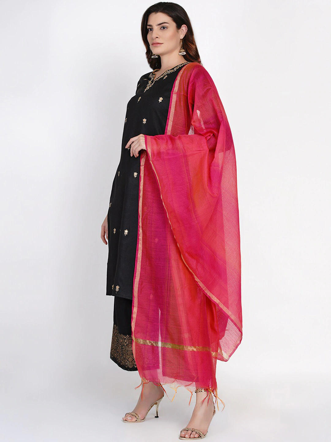 Women's Black And Golden Embroidered Kurta With Palazzos And Dupatta
