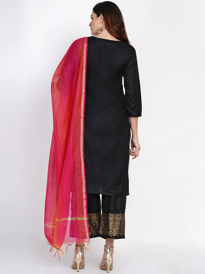 Women's Black And Golden Embroidered Kurta With Palazzos And Dupatta