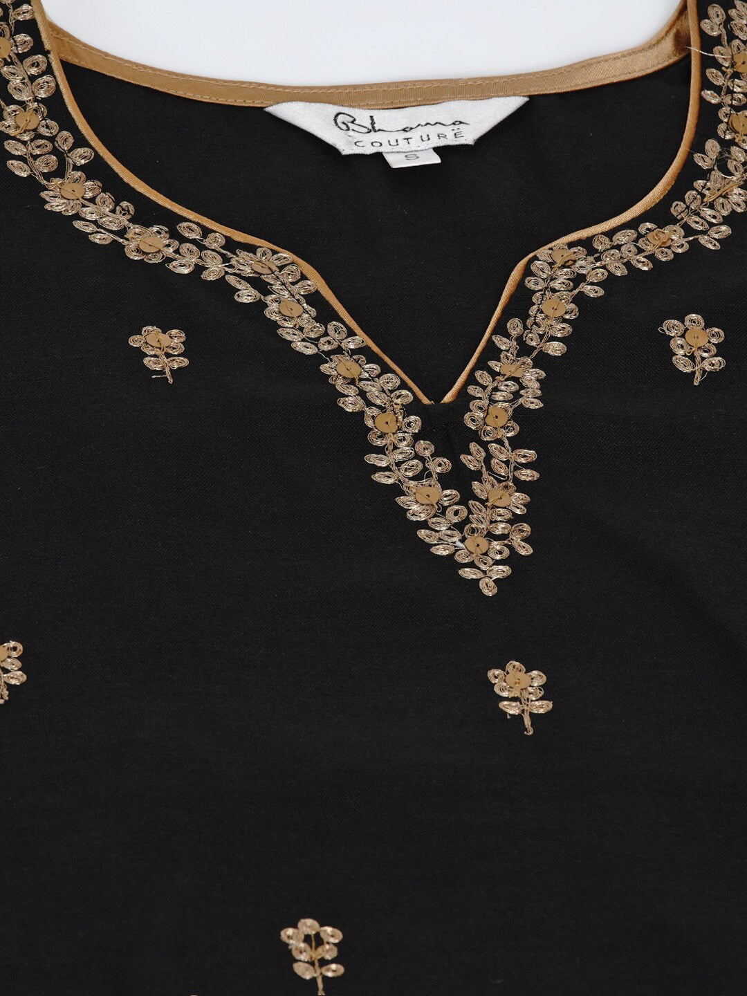 Women's Black And Golden Embroidered Kurta With Palazzos And Dupatta