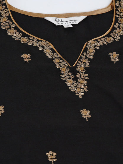Women's Black And Golden Embroidered Kurta With Palazzos And Dupatta