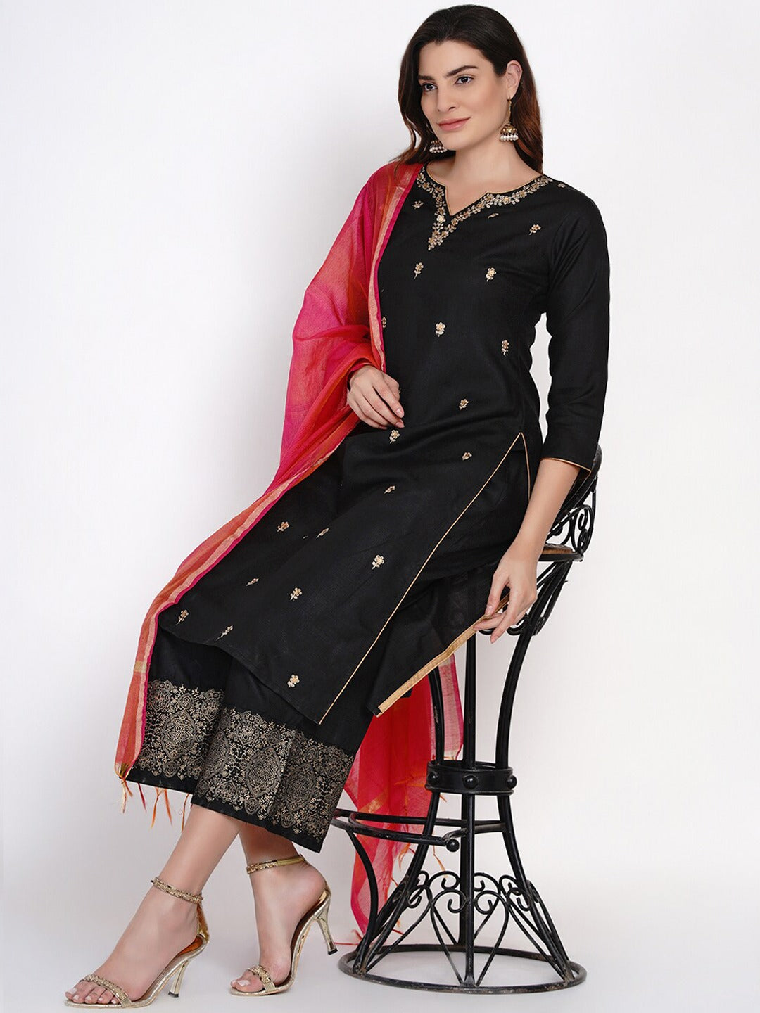 Women's Black And Golden Embroidered Kurta With Palazzos And Dupatta