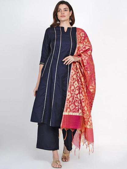 Women's Blue &Â Golden Gotta Striped Kurta With Blue Solid Palazzos With Dupatta