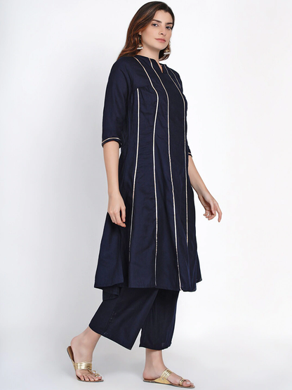 Women's Blue &Â Golden Gotta Striped Kurta With Blue Solid Palazzos With Dupatta