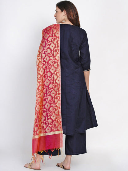 Women's Blue &Â Golden Gotta Striped Kurta With Blue Solid Palazzos With Dupatta
