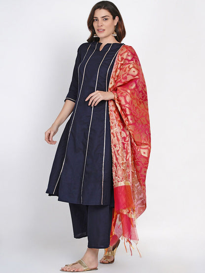 Women's Blue &Â Golden Gotta Striped Kurta With Blue Solid Palazzos With Dupatta