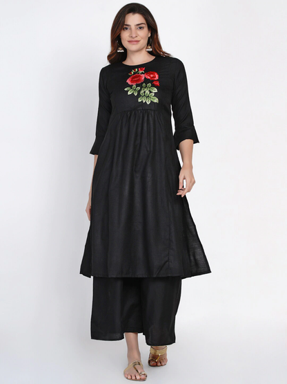 Women's Black Yoke Embroidered Kurta With Palazzos