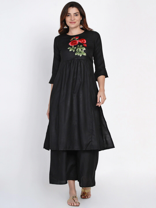 Women's Black Yoke Embroidered Kurta With Palazzos