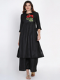 Women's Black Yoke Embroidered Kurta With Palazzos