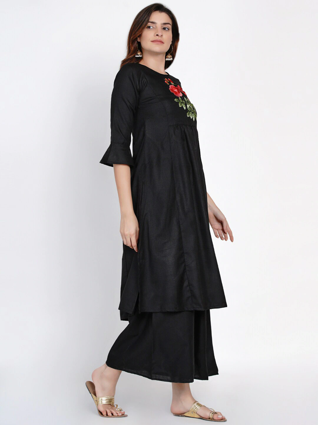 Women's Black Yoke Embroidered Kurta With Palazzos