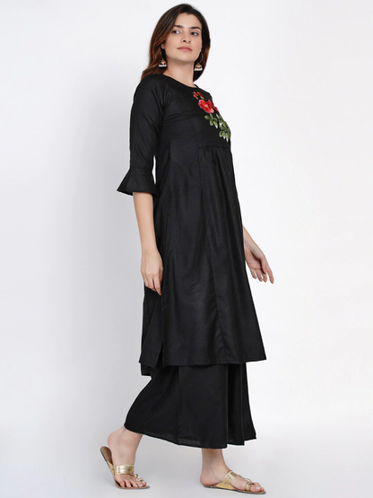 Women's Black Yoke Embroidered Kurta With Palazzos