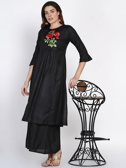 Women's Black Yoke Embroidered Kurta With Palazzos