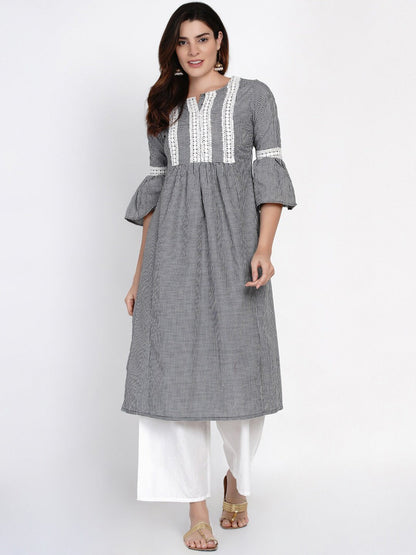 Women's White & Black Checked Print Kurti With Lace Work Detailing With Palazzos