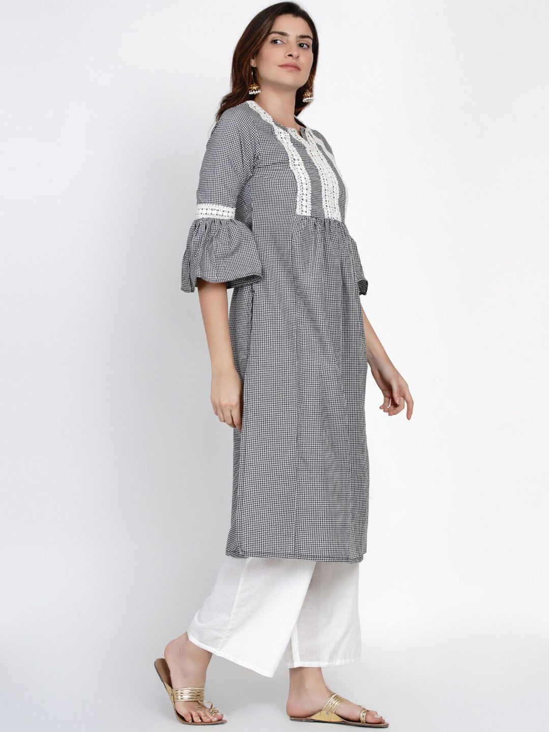 Women's White & Black Checked Print Kurti With Lace Work Detailing With Palazzos