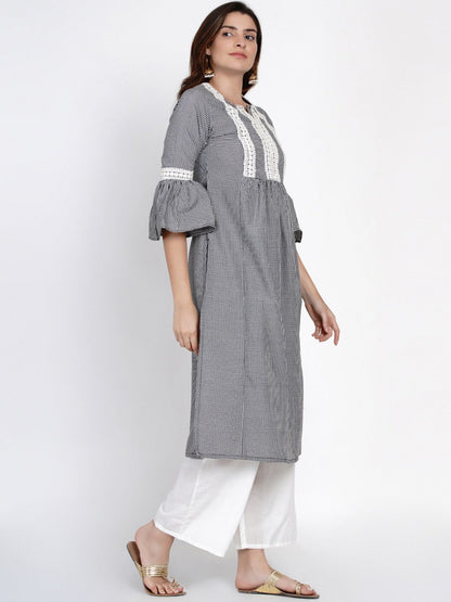 Women's White & Black Checked Print Kurti With Lace Work Detailing With Palazzos