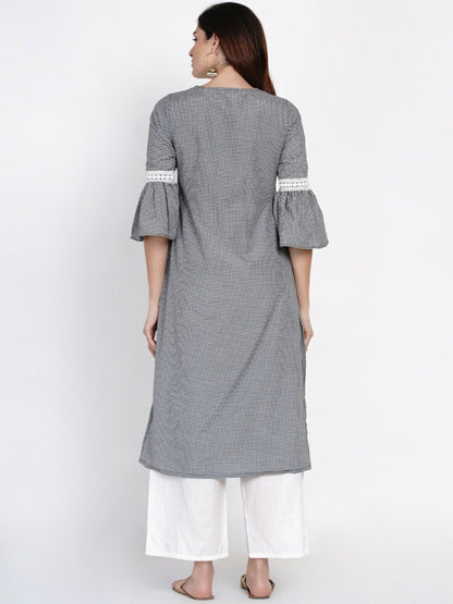 Women's White & Black Checked Print Kurti With Lace Work Detailing With Palazzos