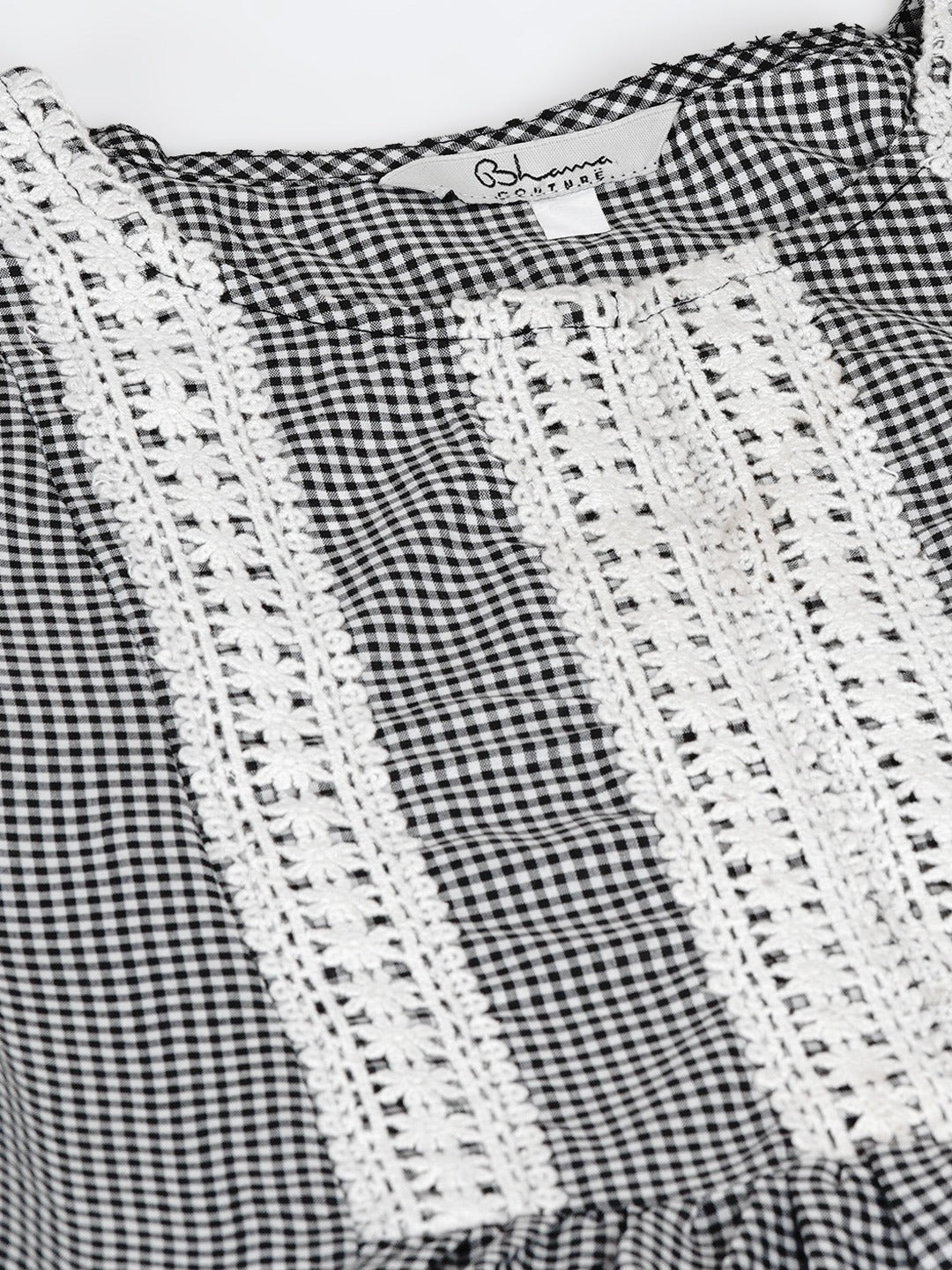 Women's White & Black Checked Print Kurti With Lace Work Detailing With Palazzos