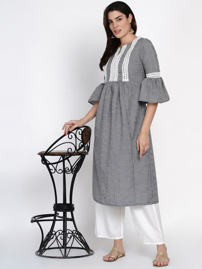 Women's White & Black Checked Print Kurti With Lace Work Detailing With Palazzos