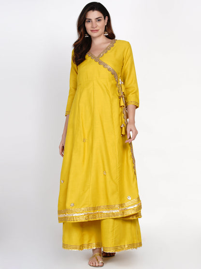 Women's Mustard Yellow Solid Gotta Detailing Kurta & Mustard Gotta Lace Skirt