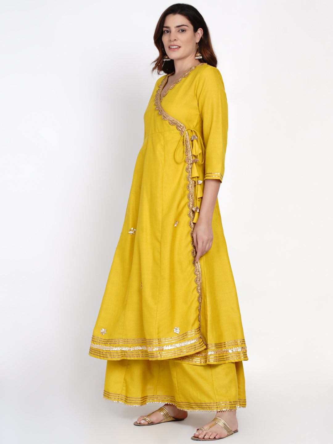 Women's Mustard Yellow Solid Gotta Detailing Kurta & Mustard Gotta Lace Skirt