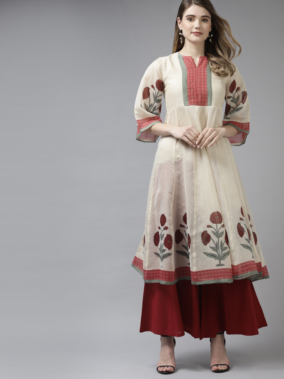Women's Beige Floral Printed A-Line Kurta With Palazzos