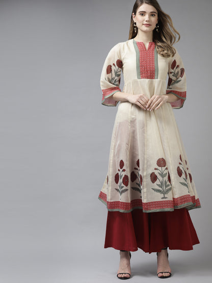Women's Beige Floral Printed A-Line Kurta With Palazzos