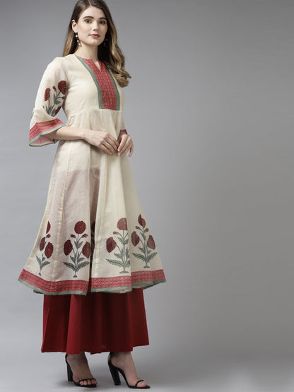 Women's Beige Floral Printed A-Line Kurta With Palazzos