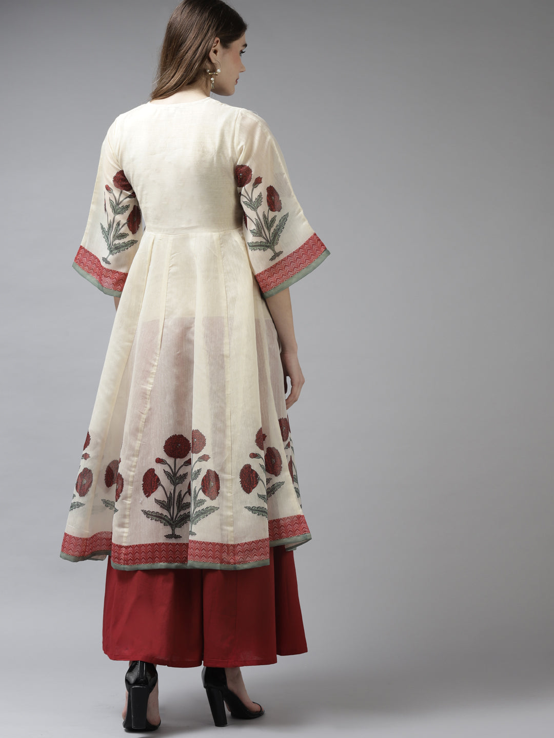 Women's Beige Floral Printed A-Line Kurta With Palazzos