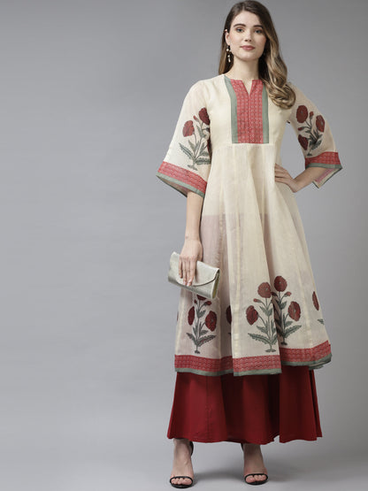 Women's Beige Floral Printed A-Line Kurta With Palazzos