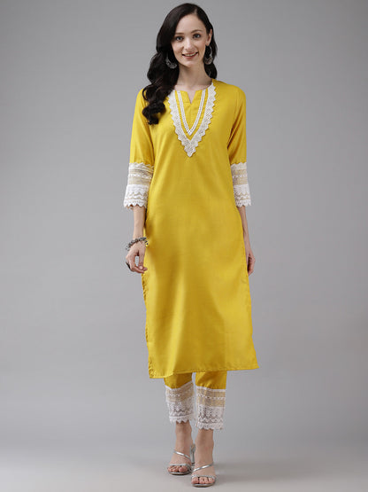 Women's Yellow Solid Kurta & Trousers With Lace Insert Detail