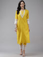 Women's Yellow Solid Kurta & Trousers With Lace Insert Detail