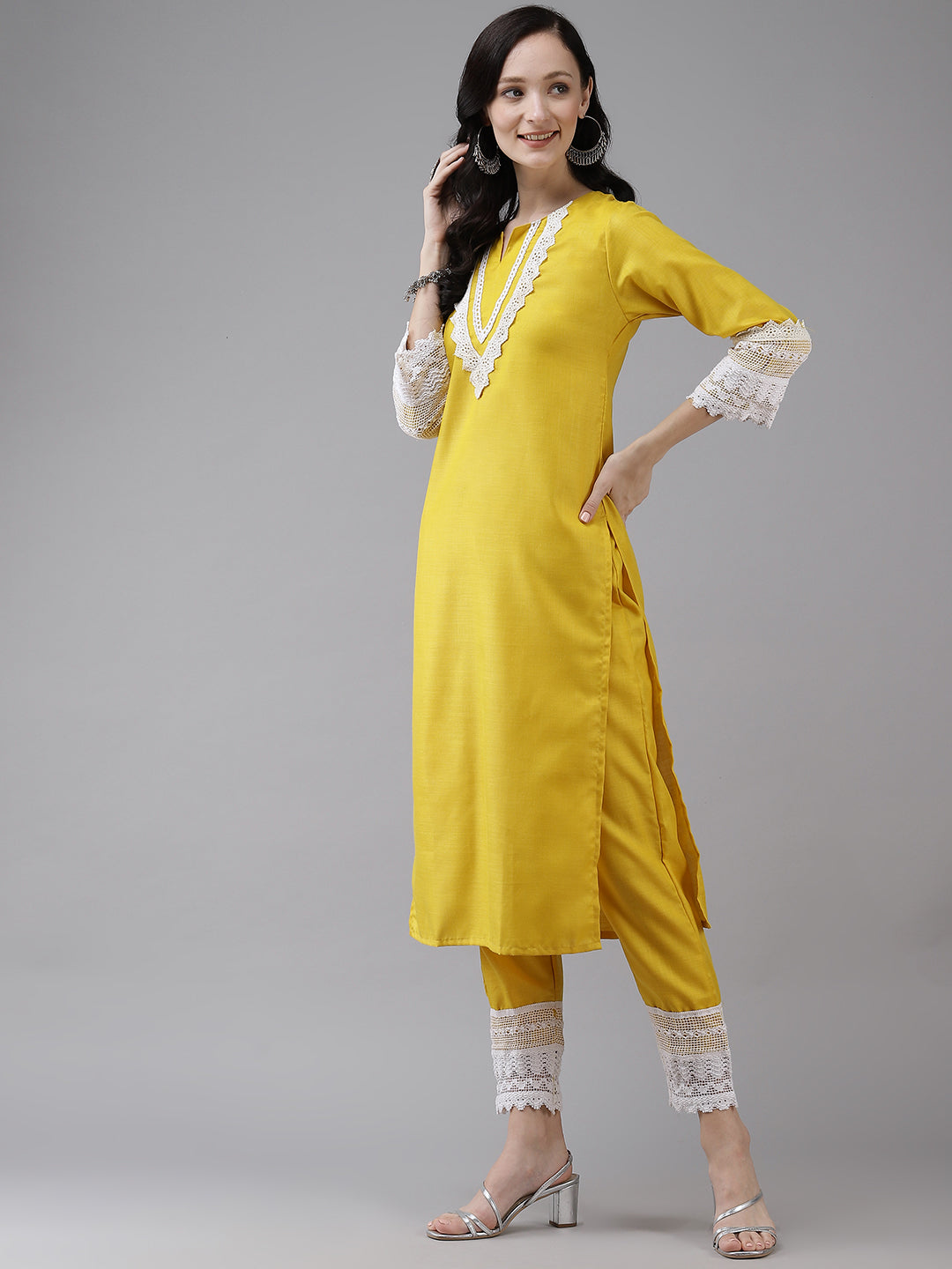 Women's Yellow Solid Kurta & Trousers With Lace Insert Detail